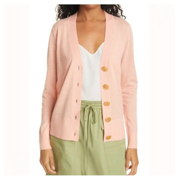Tory Burch Simone Cardigan Rosewood Womens LG 100% Merino Wool